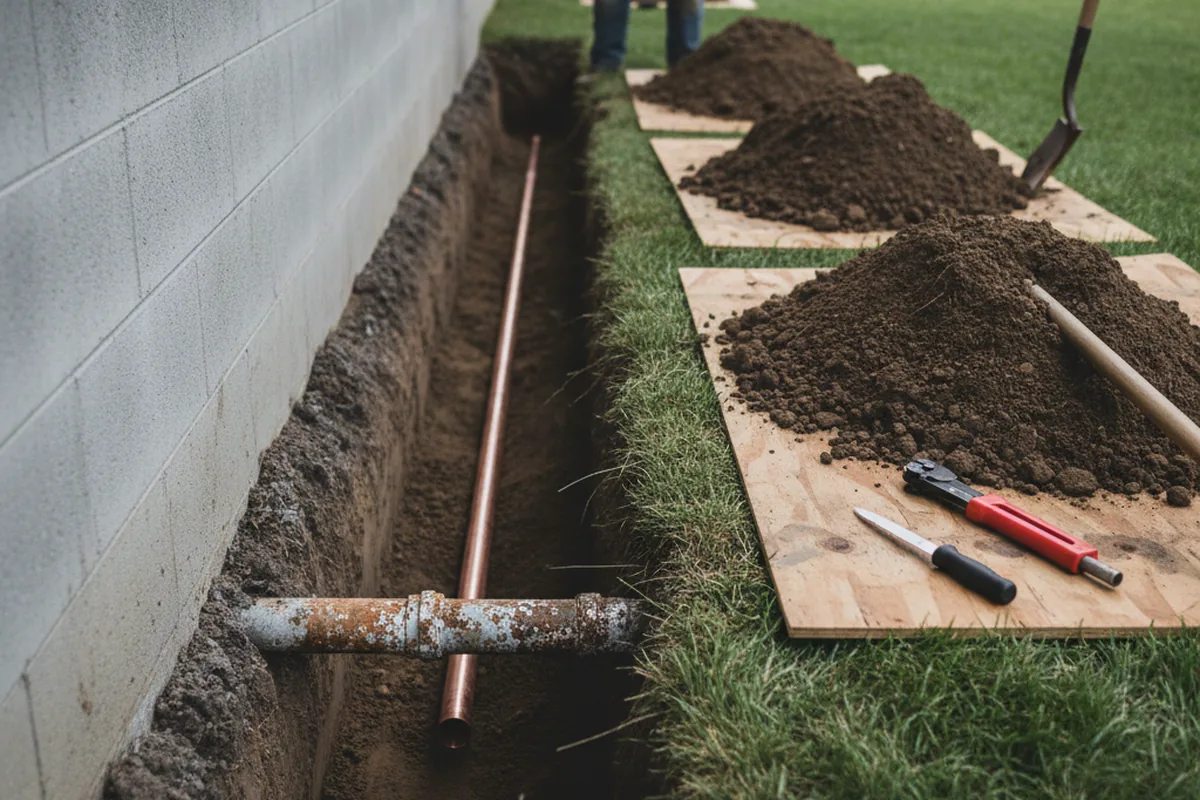 Excavated water line trench during Sewer Line Repair in Palo Alto